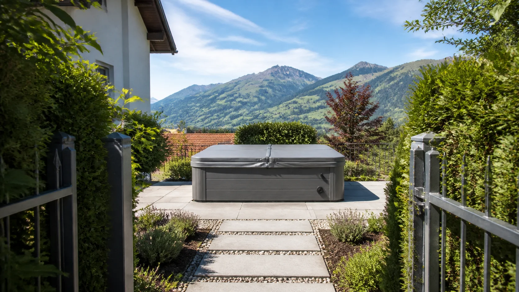 Chemin dégagé vers un spa extérieur, porte de jardin ouverte et face technique du whirlpool non touchée
