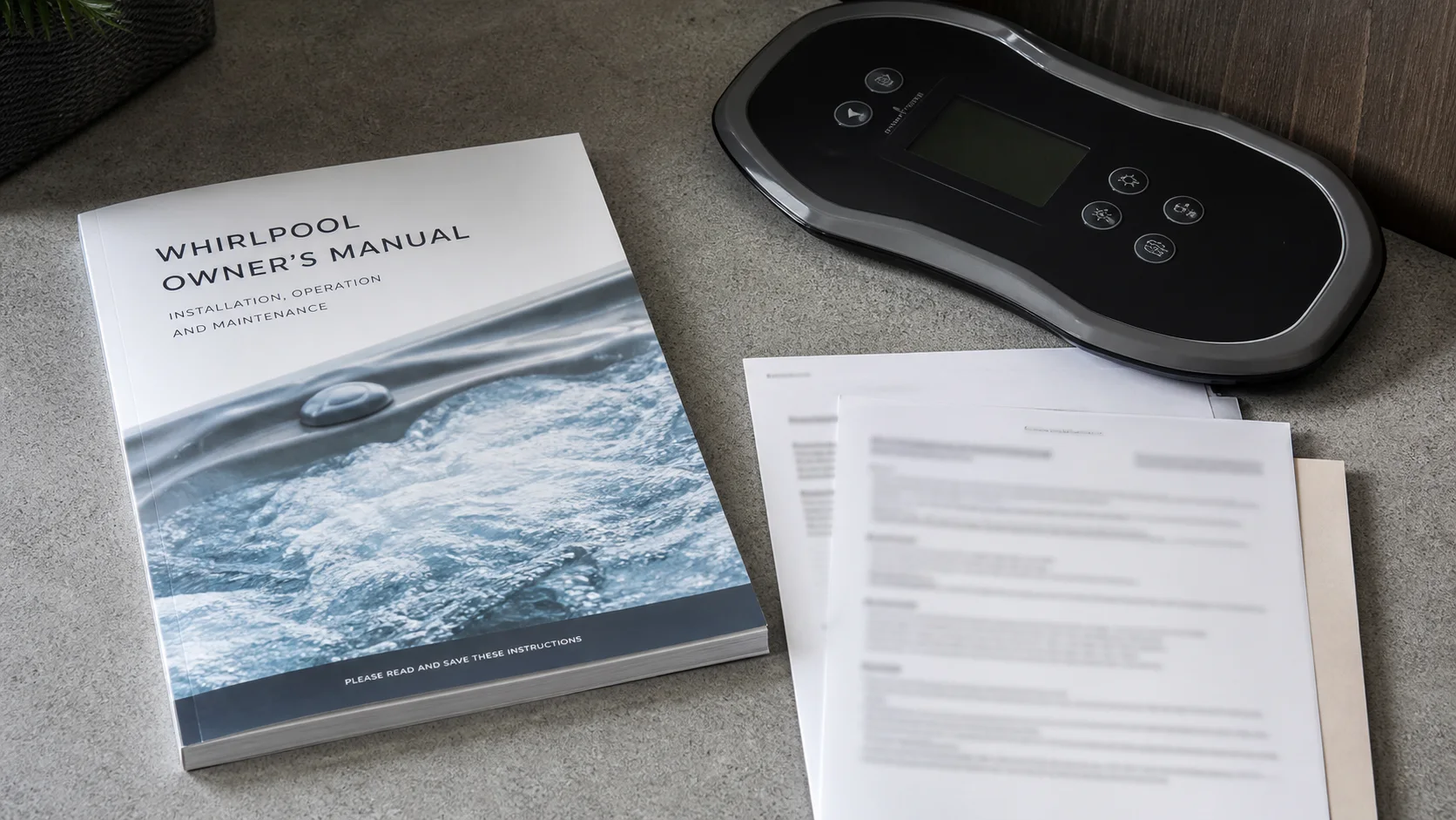 Handbuch und Modellunterlagen eines Whirlpools auf einem Tisch