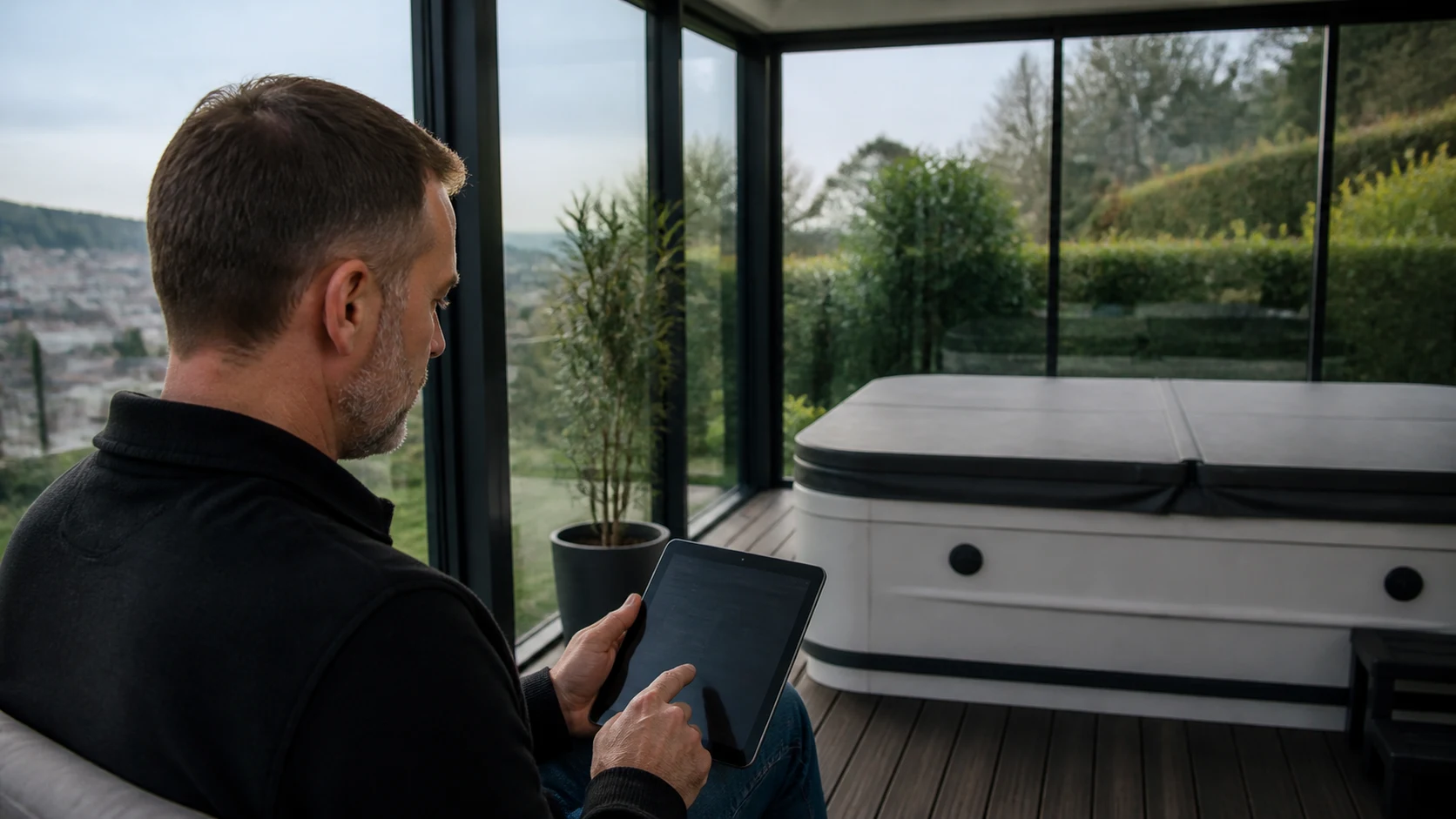 Ein Paar erstellt eine Ereigniskarte für einen Whirlpool auf einem Tablet, ohne Bedienelemente zu verändern