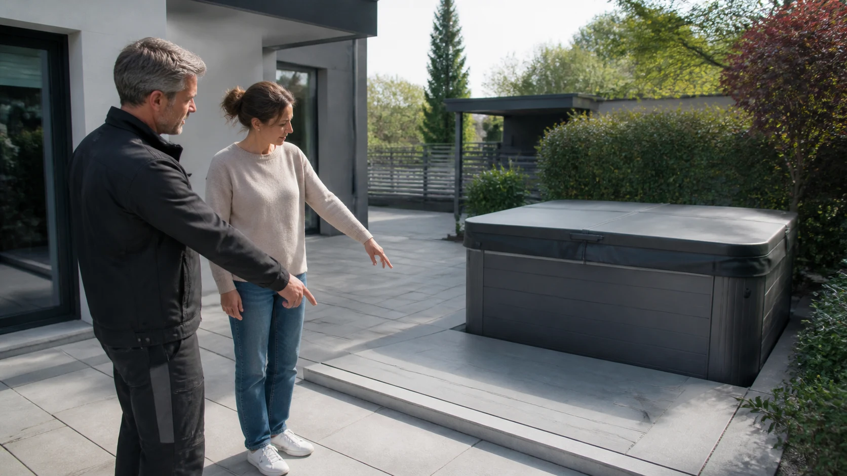 Ein Eigentümer weist einem Techniker den sicheren Weg durch einen Garten zum Whirlpool, Schweiz