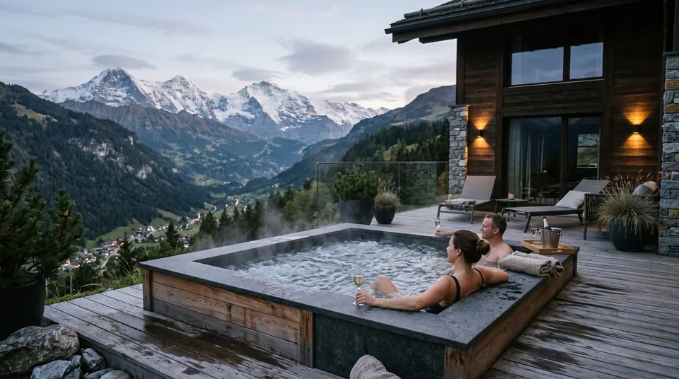 Moderner Whirlpool auf einer Terrasse bei Dämmerung